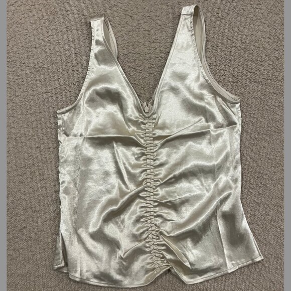 Champagne Satin-Like V-Neck Sleeveless Blouse with Ruched Detail, H&M Size XS - Picture 1 of 2